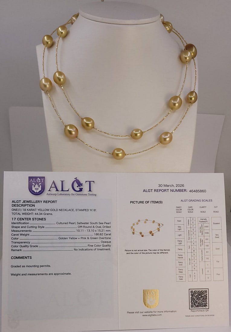 Necklace - 18 kt. Yellow gold, ALGT-certified - 10x13 mm Deep Golden South Sea Pearls - 10