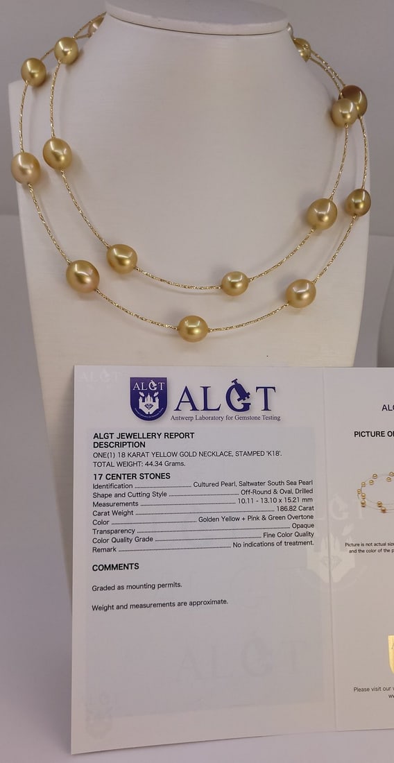 Necklace - 18 kt. Yellow gold, ALGT-certified - 10x13 mm Deep Golden South Sea Pearls - 11