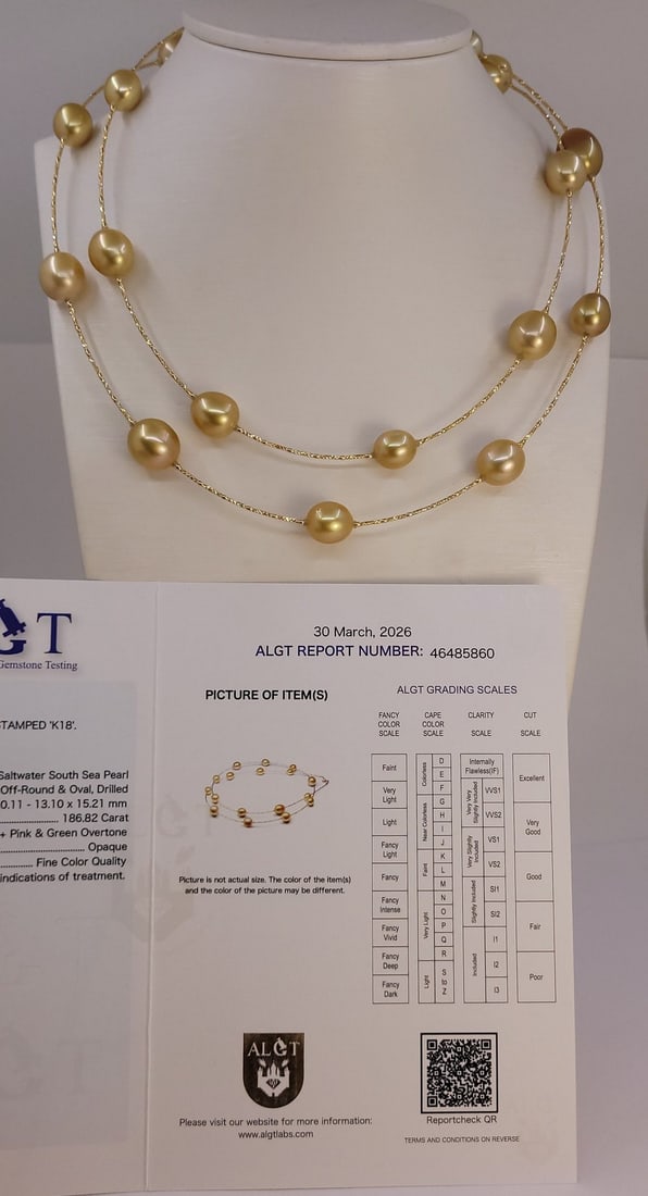 Necklace - 18 kt. Yellow gold, ALGT-certified - 10x13 mm Deep Golden South Sea Pearls - 12