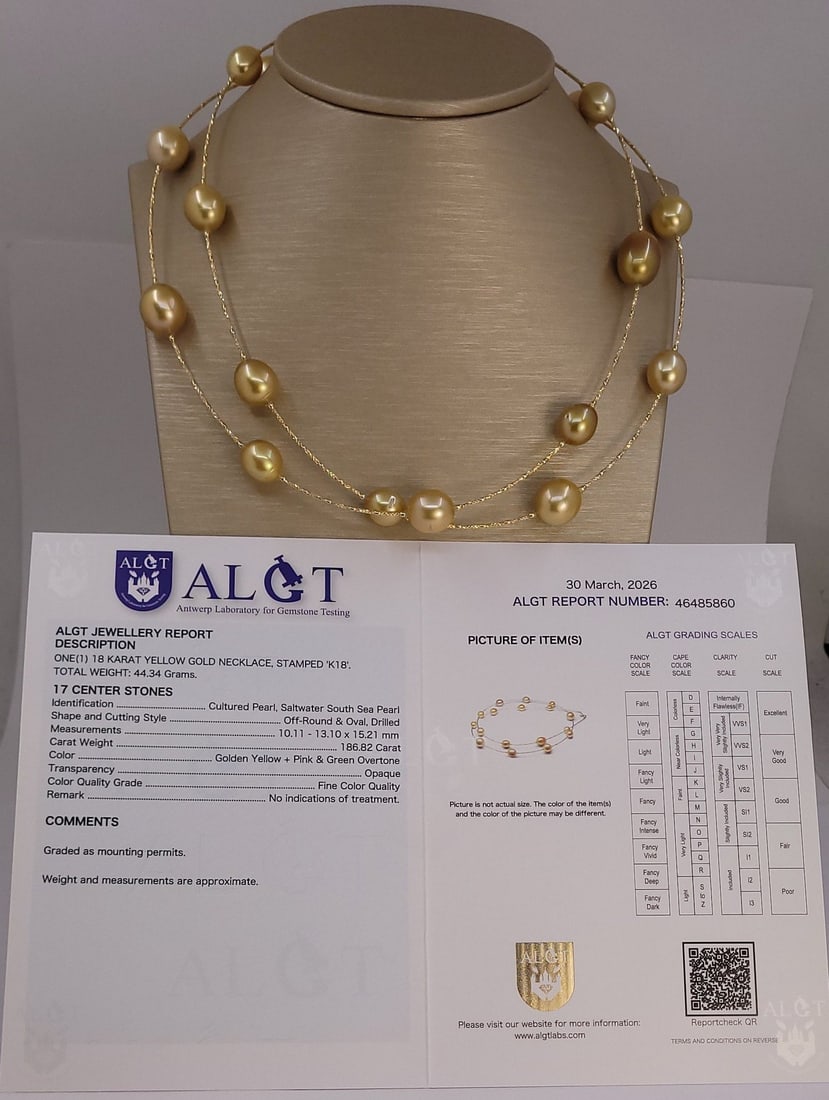 Necklace - 18 kt. Yellow gold, ALGT-certified - 10x13 mm Deep Golden South Sea Pearls - 13