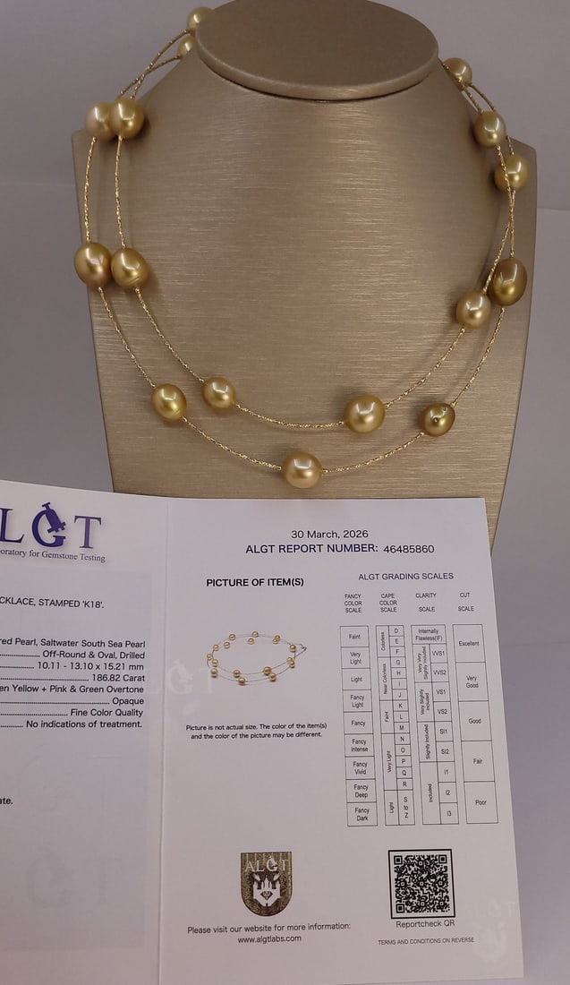 Necklace - 18 kt. Yellow gold, ALGT-certified - 10x13 mm Deep Golden South Sea Pearls - 14
