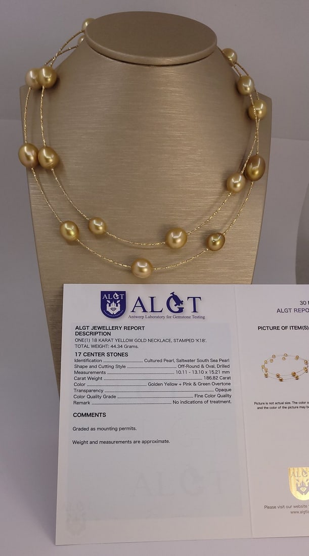 Necklace - 18 kt. Yellow gold, ALGT-certified - 10x13 mm Deep Golden South Sea Pearls - 15