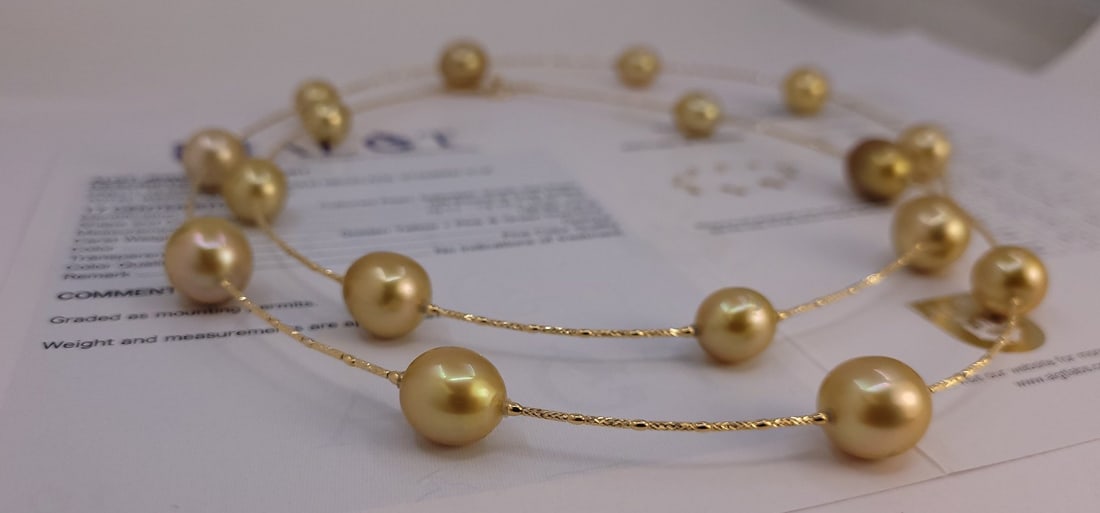 Necklace - 18 kt. Yellow gold, ALGT-certified - 10x13 mm Deep Golden South Sea Pearls - 17