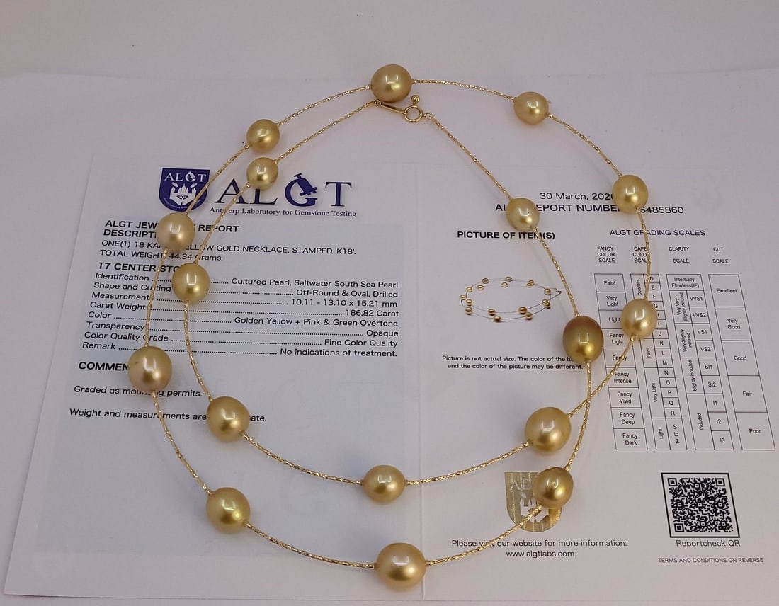 Necklace - 18 kt. Yellow gold, ALGT-certified - 10x13 mm Deep Golden South Sea Pearls - 18