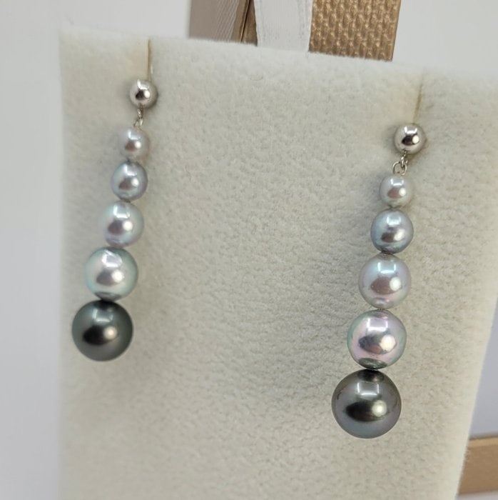 Earrings - 18 kt. White gold - 4x9mm Akoya Pearls - 5