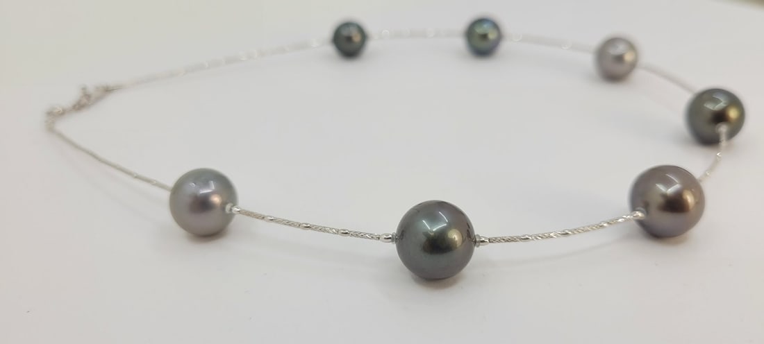 Necklace - 18 kt. White gold - Round Tahiti pearls - 8