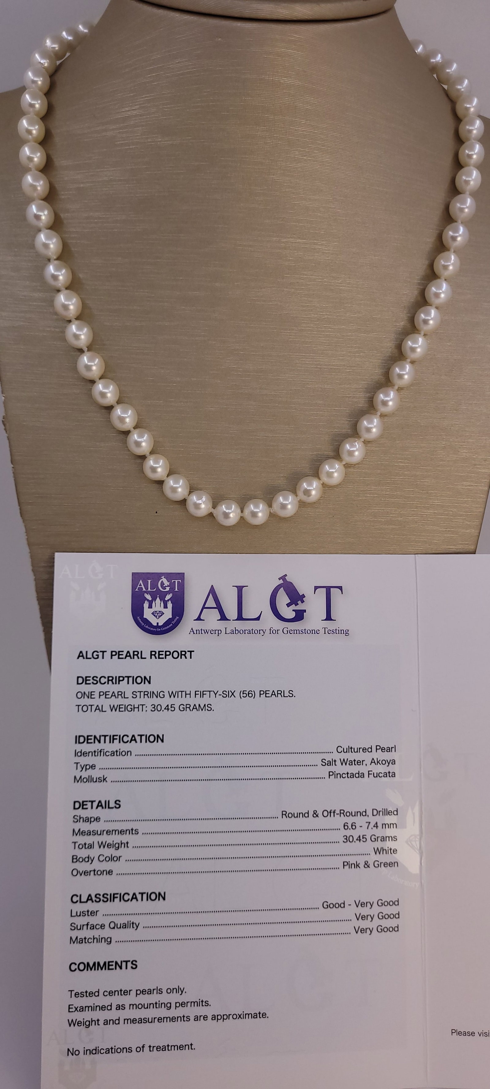 Necklace ALGT Certified Akoya Pearls - 6.6x7.4mm - 16