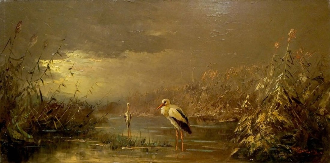 Oil painting Herons on the shore: Title: Oil painting Herons on the shore Description: NoVerne 154 *** ABOUT THIS PAINTING *** * TITLE: "Herons on the shore" * ARTISTS: Unknown artist * SIZE: 40x80 cm/'15.74x31.49 inches' * MEDIUM: oi