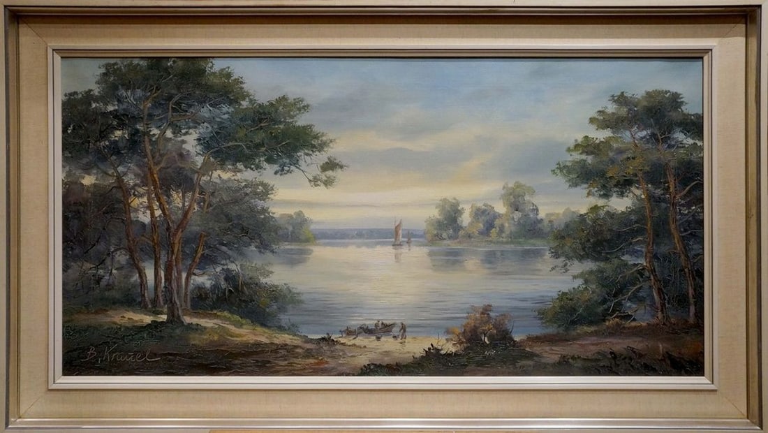 Oil painting River landscape: Title: Oil painting River landscape Description: NoVerne 214 *** ABOUT THIS PAINTING *** * TITLE: "River landscape" * ARTISTS: Unknown artist * SIZE: 50x100 cm/'19.68x39.37 inches' * MEDIUM: oil, canv