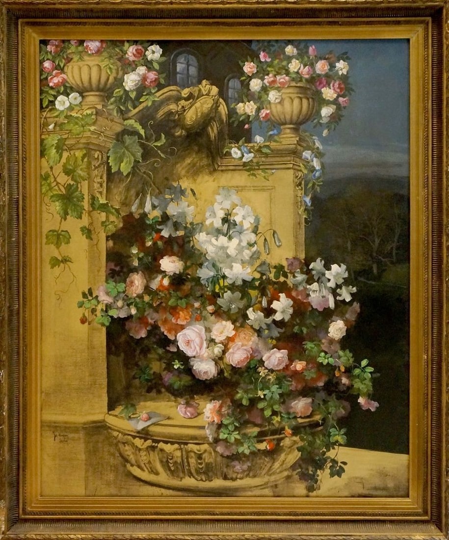 Oil painting Flowers on the balcony: Title: Oil painting Flowers on the balcony Description: NoVerne 256 *** ABOUT THIS PAINTING *** * TITLE: "Flowers on the balcony" * ARTISTS: Unknown artist * SIZE: 125x100 cm/'49.21x39.37 inches' * ME