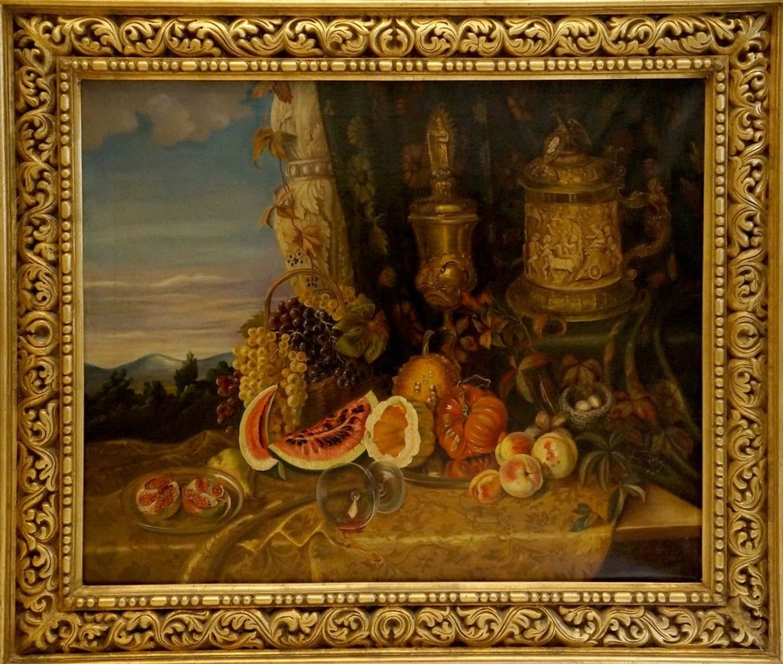 Oil painting Still life with fruit: Title: Oil painting Still life with fruit Description: NoVerne 257 *** ABOUT THIS PAINTING *** * TITLE: "Still life with fruit" * ARTISTS: Unknown artist * SIZE: 87x105 cm/'34.25x41.33 inches' * MEDIU