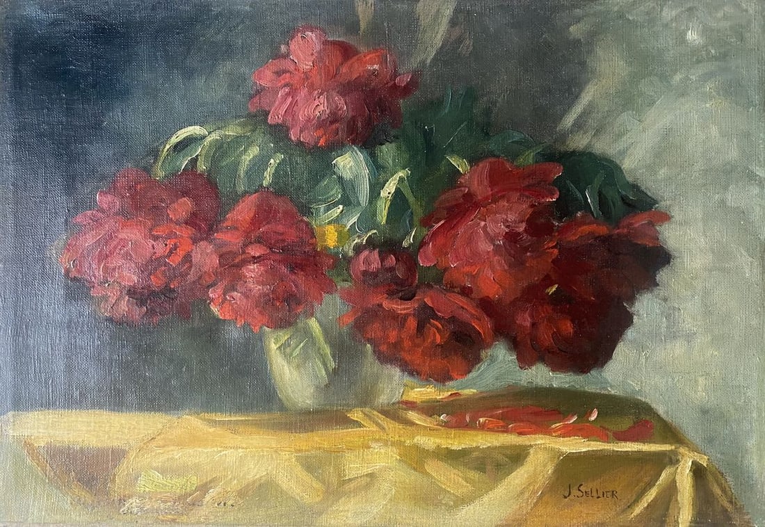 Oil painting Red flowers on the table J. Sellier: Title: Oil painting Red flowers on the table J. Sellier Description: NoVerne 307*** ABOUT THIS PAINTING **** TITLE: "Red flowers on the table"* ARTISTS: J. Sellier* SIZE: 32x47 cm/'12.59x18.50 inches'