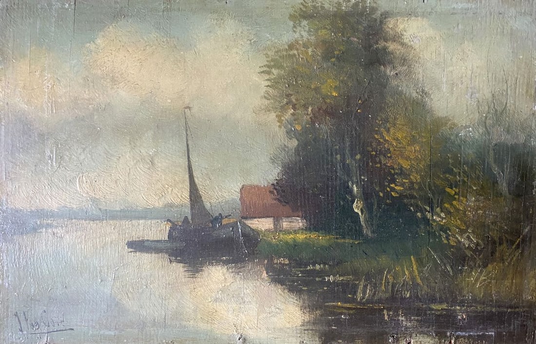 Oil painting River bank European artist: Title: Oil painting River bank European artist Description: NoVerne 318*** ABOUT THIS PAINTING **** TITLE: "River bank"* ARTISTS: European artist* SIZE: 17x27 cm/'6.69x10.62 inches' * MEDIUM: oil,