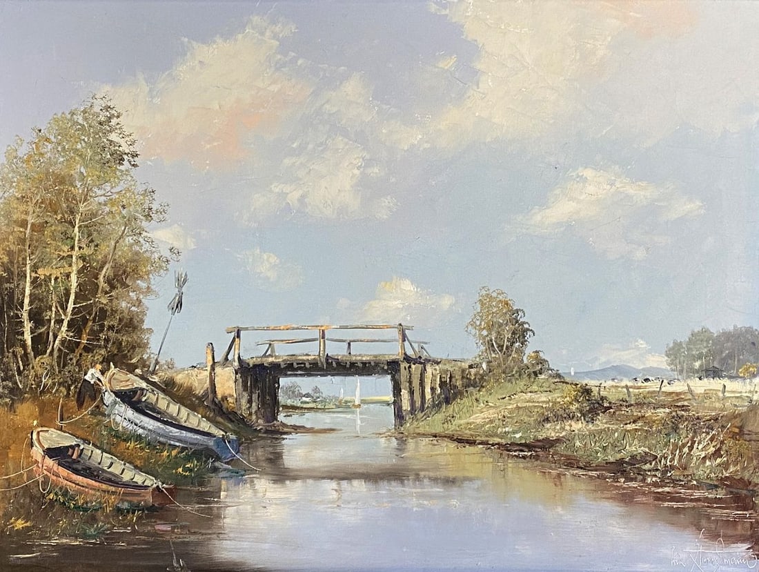 Oil painting River landscape with boats European artist: Title: Oil painting River landscape with boats European artist Description: NoVerne 331*** ABOUT THIS PAINTING **** TITLE: "River landscape with boats"* ARTISTS: European artist* SIZE: 60x80 cm/'23.62