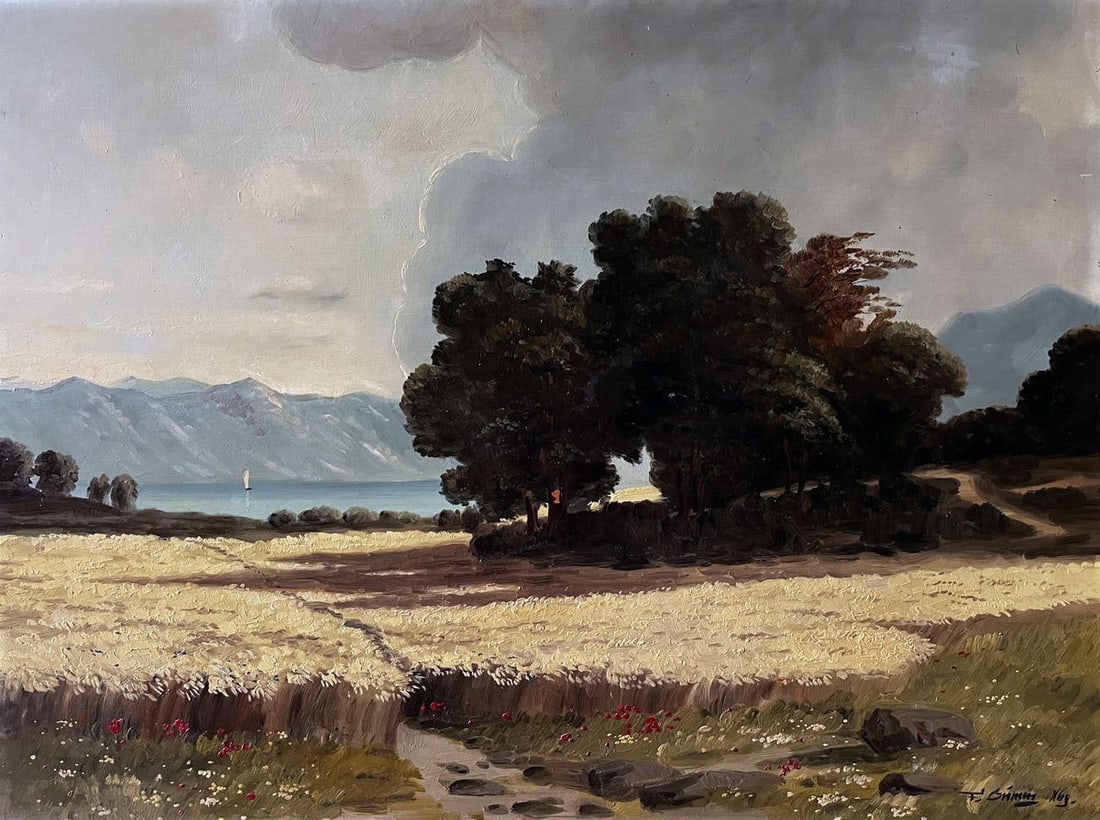 Oil painting Wheat field European artist: Title: Oil painting Wheat field European artist Description: NoVerne 367*** ABOUT THIS PAINTING **** TITLE: "Wheat field"* ARTISTS: European artist* SIZE: 70x100 cm/'27.55x39.37 inches'* MEDIUM: oil,
