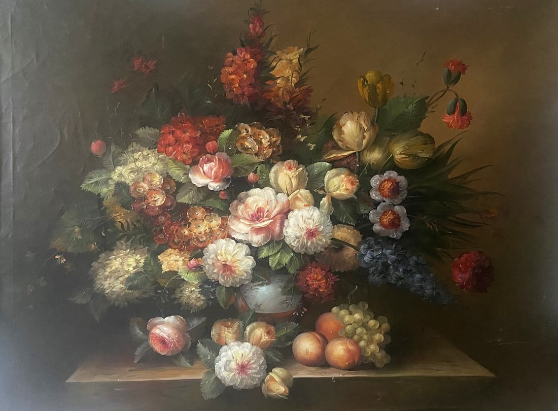 Oil painting Flowers and fruits European artist: Title: Oil painting Flowers and fruits European artist Description: NoVerne 380*** ABOUT THIS PAINTING **** TITLE: "Flowers and fruits"* ARTISTS: European artist* SIZE: 60x120 cm/'23.62x47.24 inches'*