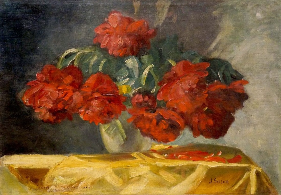 Oil painting Red flowers J. Sellier: Title: Oil painting Red flowers J. Sellier Description: NoVerne 31 *** ABOUT THIS PAINTING *** * TITLE: "Red flowers" * ARTISTS: J. Sellier * SIZE: 33x46 cm/'12.99x18.11 inches' * MEDIUM: oil, canvas