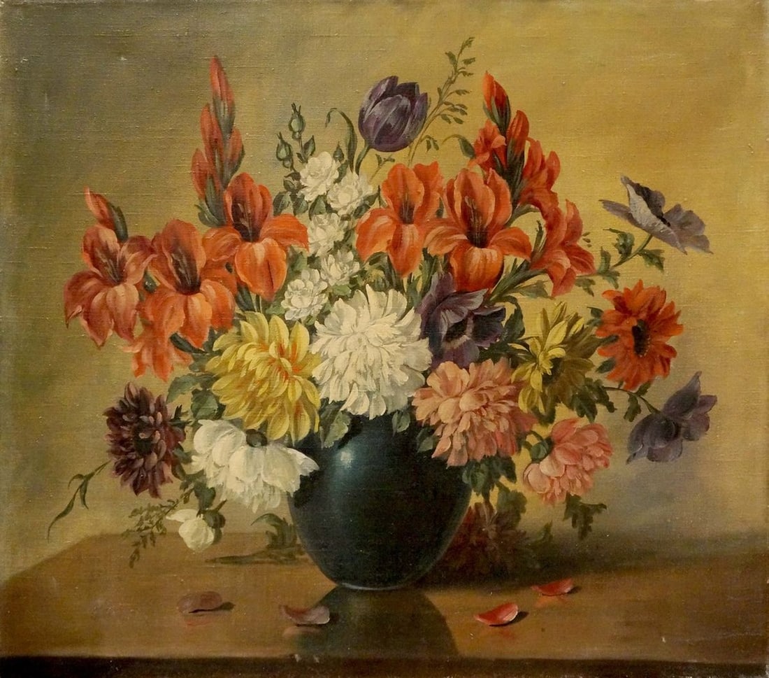 Oil painting Flowers: Title: Oil painting Flowers Description: NoVerne 41 *** ABOUT THIS PAINTING *** * TITLE: "Flowers" * ARTISTS: Western European artist of the 20th century * SIZE: 70x79 cm/'27.55x31.10 inches' * MEDIUM