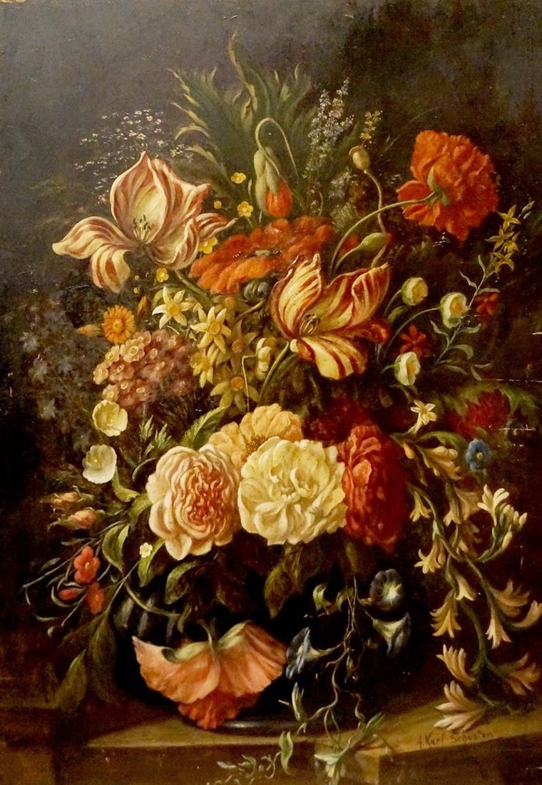 Oil painting Beautiful bouquet of flowers A. Karp Schuster: Title: Oil painting Beautiful bouquet of flowers A. Karp Schuster Description: NoVerne 44 *** ABOUT THIS PAINTING *** * TITLE: "Beautiful bouquet of flowers" * ARTISTS: A. Karp Schuster * SIZE: 90x60