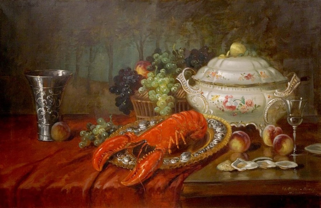 Oil painting Shrimp on the table Eduard Huber-Andorf: Title: Oil painting Shrimp on the table Eduard Huber-Andorf Description: NoVerne 47 *** ABOUT THIS PAINTING *** * TITLE: "Shrimp on the table" * ARTISTS: Eduard Huber-Andorf * SIZE: 65x100 cm/'25.59x3