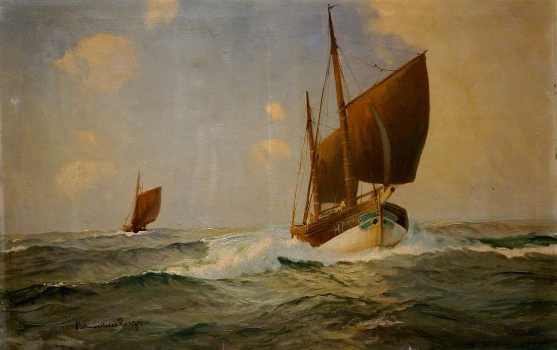 Oil painting Ships at sea: Title: Oil painting Ships at sea Description: NoVerne 73 *** ABOUT THIS PAINTING *** * TITLE: "Ships at sea" * ARTISTS: Unknown artist * SIZE: 68x105 cm/'26.77x41.33 inches' * MEDIUM: oil, canvas * HA