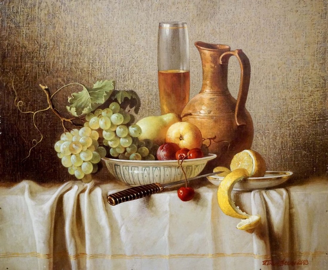 Oil painting Sweet table: Title: Oil painting Sweet table Description: NoVerne 91 *** ABOUT THIS PAINTING *** * TITLE: "Sweet table" * ARTISTS: Unknown artist * SIZE: 49x59 cm/'19.29x23.22 inches' * MEDIUM: oil, hardboard * HA