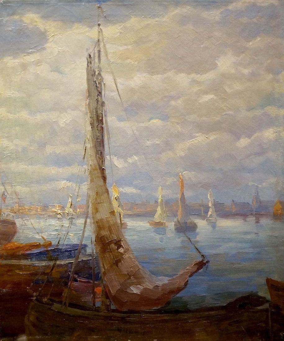 Oil painting Boats in the port: Title: Oil painting Boats in the port Description: NoVerne 98 *** ABOUT THIS PAINTING *** * TITLE: "Boats in the port" * ARTISTS: Unknown artist * SIZE: 66x55 cm/'25.98x21.65 inches' * MEDIUM: oil, ca