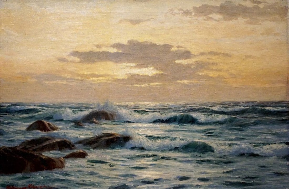 Oil painting Sunset: Title: Oil painting Sunset Description: NoVerne 106 *** ABOUT THIS PAINTING *** * TITLE: "Sunset" * ARTISTS: Unknown artist * SIZE: 54x80 cm/'21.25x31.49 inches' * MEDIUM: oil, canvas * HAND PAINTED: 