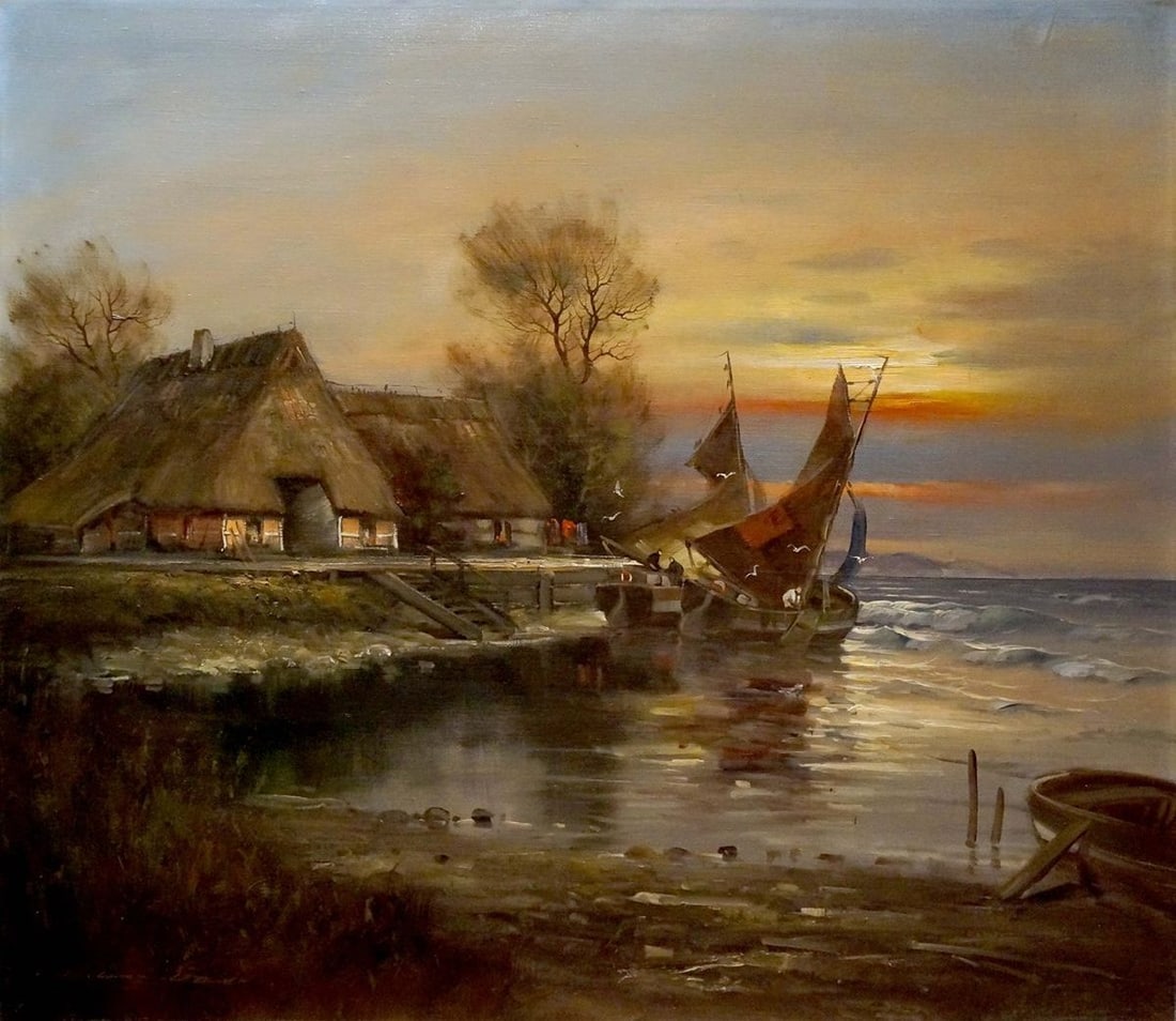 Oil painting Evening landscape: Title: Oil painting Evening landscape Description: NoVerne 146 *** ABOUT THIS PAINTING *** * TITLE: "Evening landscape" * ARTISTS: Unknown artist * SIZE: 70x80 cm/'27.55x31.49 inches' * MEDIUM: oil, c