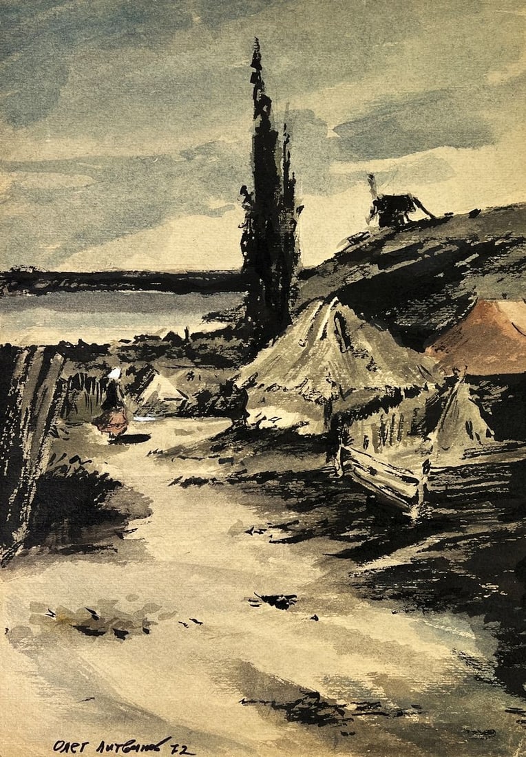 Watercolor painting A village near the river Oleg Litvinov: Title: Watercolor painting A village near the river Oleg Litvinov Description: AAA6073*** ABOUT THIS PAINTING **** TITLE: "A village near the river"* ARTISTS: Litvinov Oleg Arkad'yevich* SIZE: 42x29.5