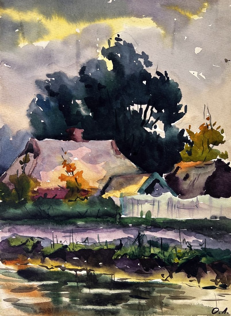 Watercolor painting Village by the river Oleg Litvinov: Title: Watercolor painting Village by the river Oleg Litvinov Description: AAA6076*** ABOUT THIS PAINTING **** TITLE: "Village by the river"* ARTISTS: Litvinov Oleg Arkad'yevich* SIZE: 33x24.4 cm/12.9