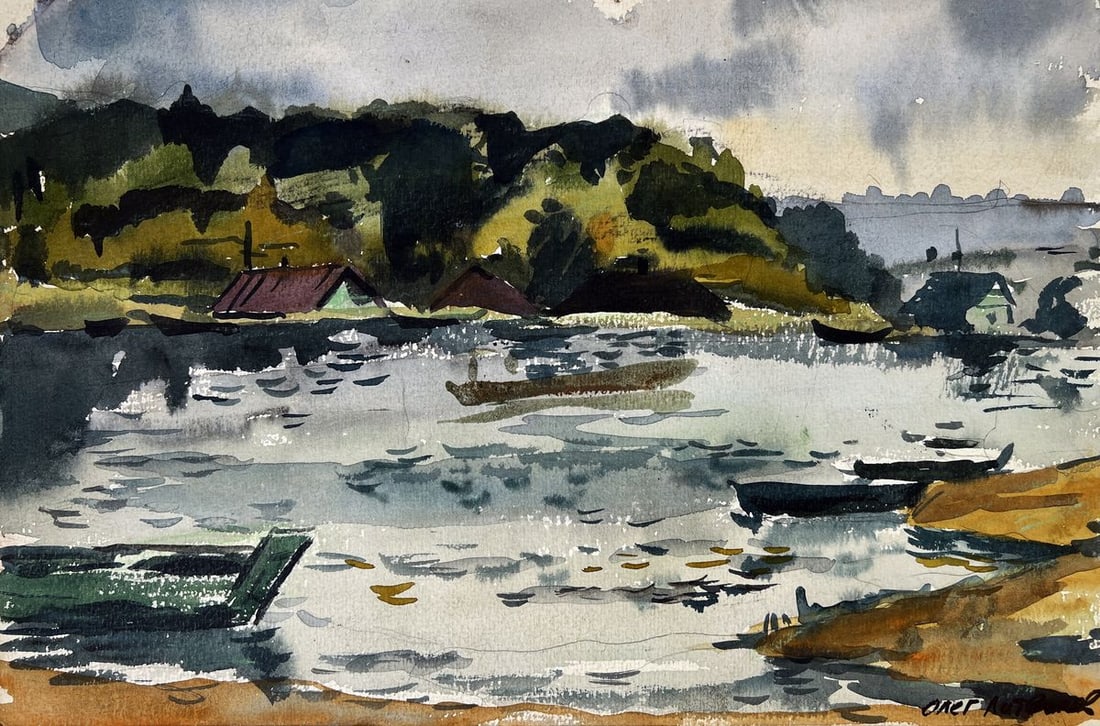 Watercolor painting A river with boats Oleg Litvinov: Title: Watercolor painting A river with boats Oleg Litvinov Description: AAA6079*** ABOUT THIS PAINTING **** TITLE: "A river with boats"* ARTISTS: Litvinov Oleg Arkad'yevich* SIZE: 24x36.6 cm/9.44x14.