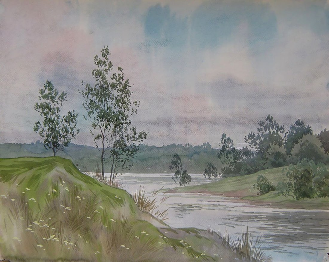 Watercolor painting Winding Summer River Valery Savenets: Title: Watercolor painting Winding Summer River Valery Savenets Description: Sav 445*** ABOUT THIS PAINTING **** TITLE: "Winding Summer River"* ARTISTS: Valery Savenets* SIZE: 40x50 cm/'15.74x19.68 in
