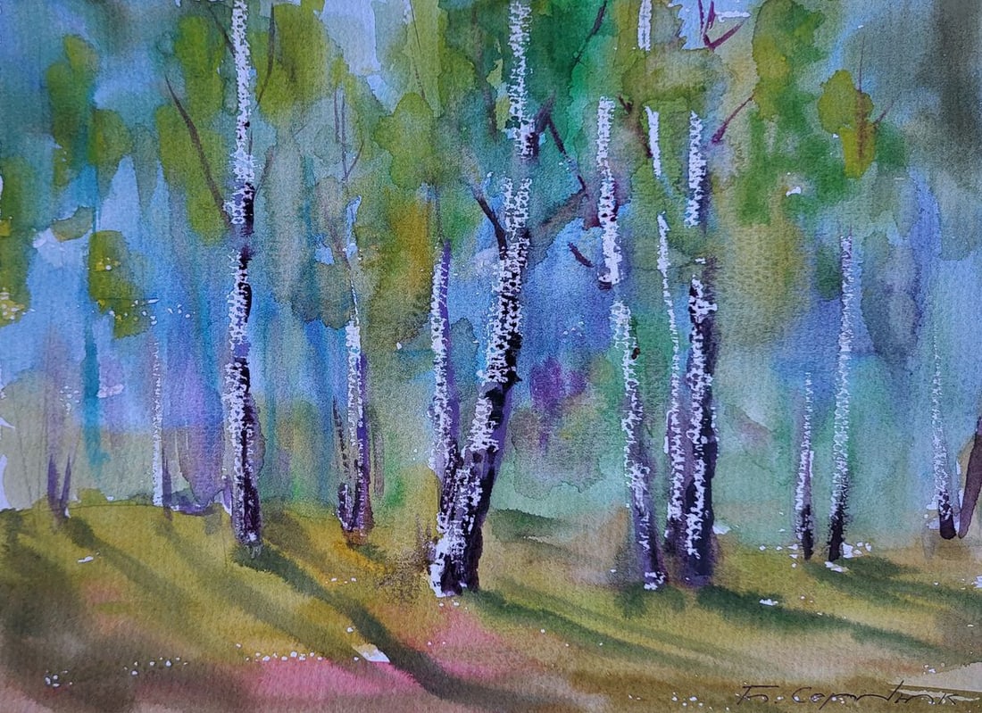 Watercolor painting Spring in the birches Boris Serdyuk: Title: Watercolor painting Spring in the birches Boris Serdyuk Description: SERB 1195The Watercolor painting on Paper titled "Spring in the Birches" is a luminous ode to the awakening forest, where sl