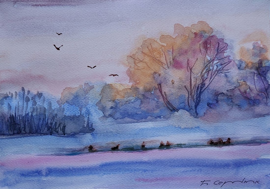 Watercolor painting Winter wonder Boris Serdyuk: Title: Watercolor painting Winter wonder Boris Serdyuk Description: SERB 1202The Watercolor painting on Paper titled "Winter Wonder" captures the gentle and poetic side of winter, where nature is tran