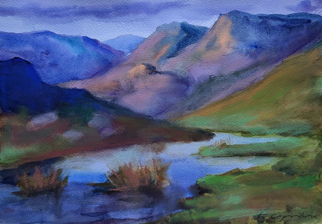 Watercolor painting Clouds ?ver the ridges Boris Serdyuk: Title: Watercolor painting Clouds ?ver the ridges Boris Serdyuk Description: SERB 1205The Watercolor painting on Cardboard titled "Clouds Over the Ridges" captures the quiet majesty of a mountainous l