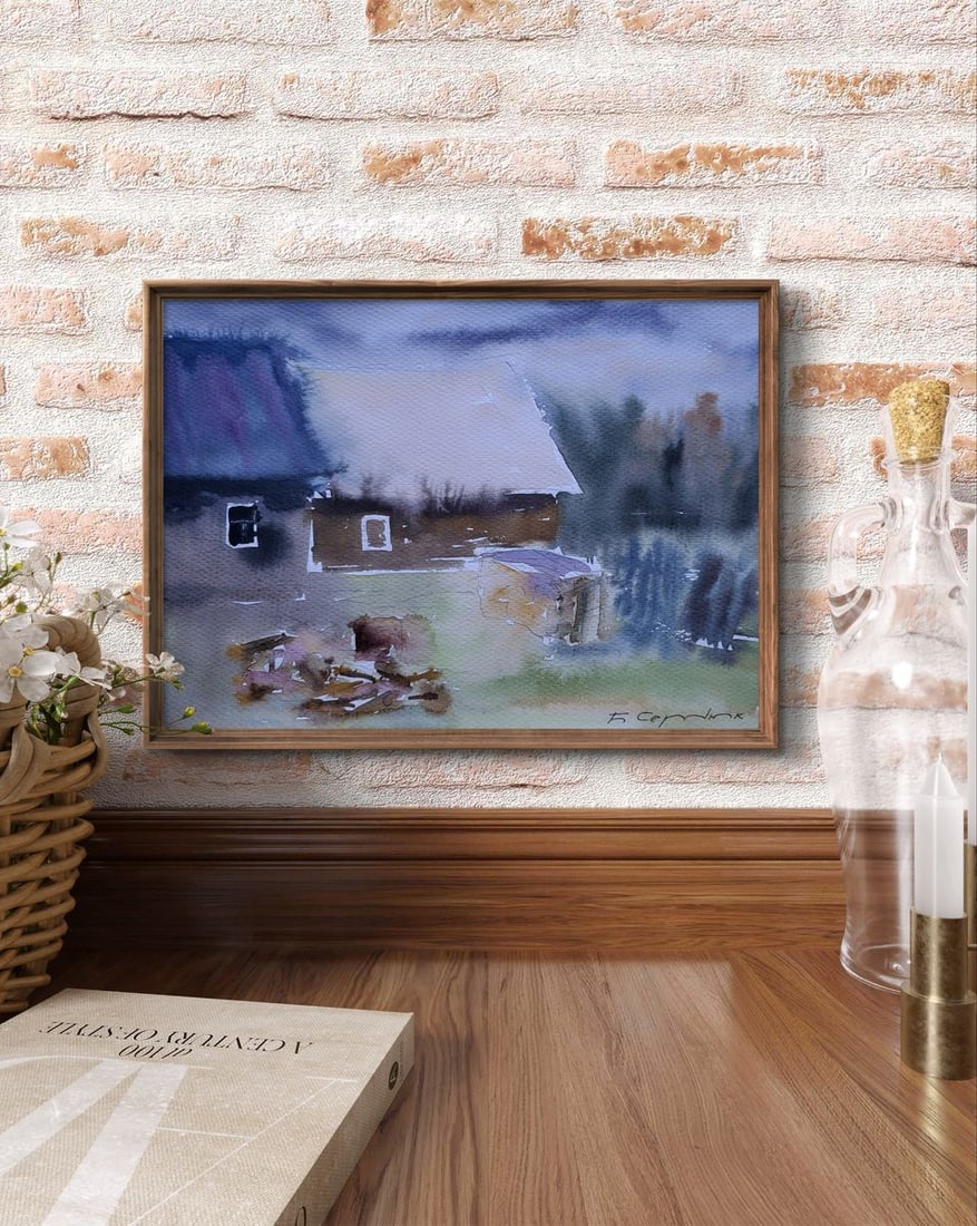 Watercolor painting Snow ?round the house Boris Serdyuk - 2