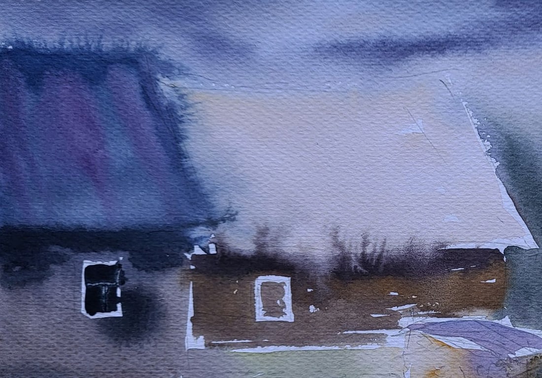 Watercolor painting Snow ?round the house Boris Serdyuk - 4