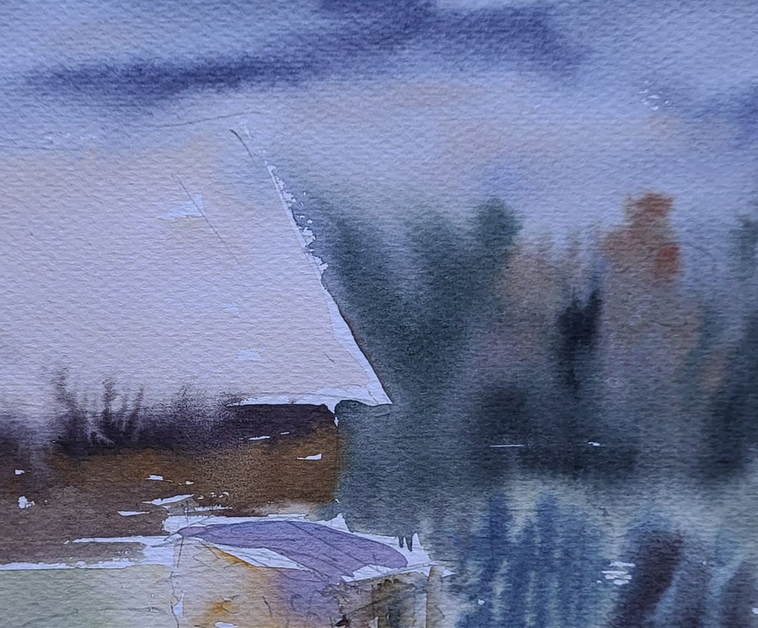 Watercolor painting Snow ?round the house Boris Serdyuk - 5