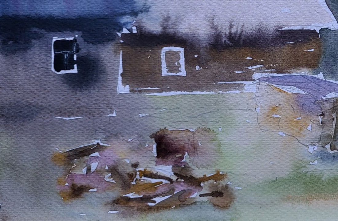Watercolor painting Snow ?round the house Boris Serdyuk - 6