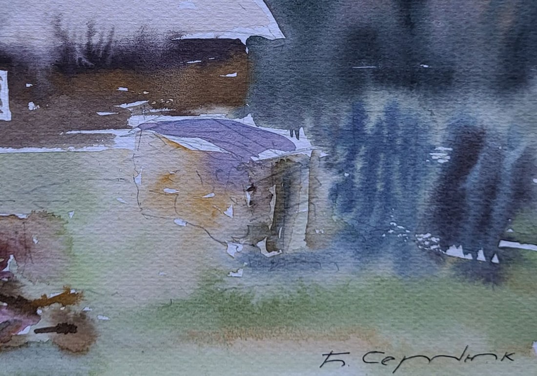 Watercolor painting Snow ?round the house Boris Serdyuk - 7