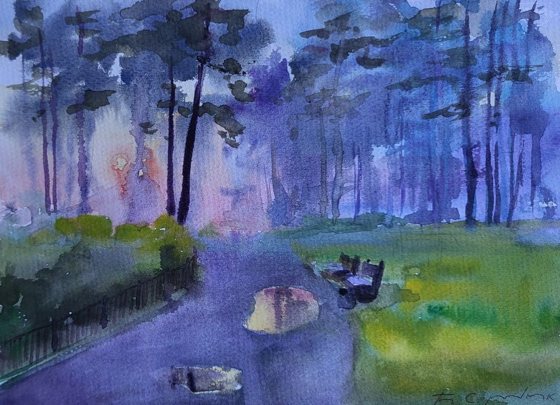 Watercolor painting Morning after rain Boris Serdyuk: Title: Watercolor painting Morning after rain Boris Serdyuk Description: SERB 1210The Watercolor painting on Paper titled "Morning after rain" captures a moment of quiet serenity in a forested park, b