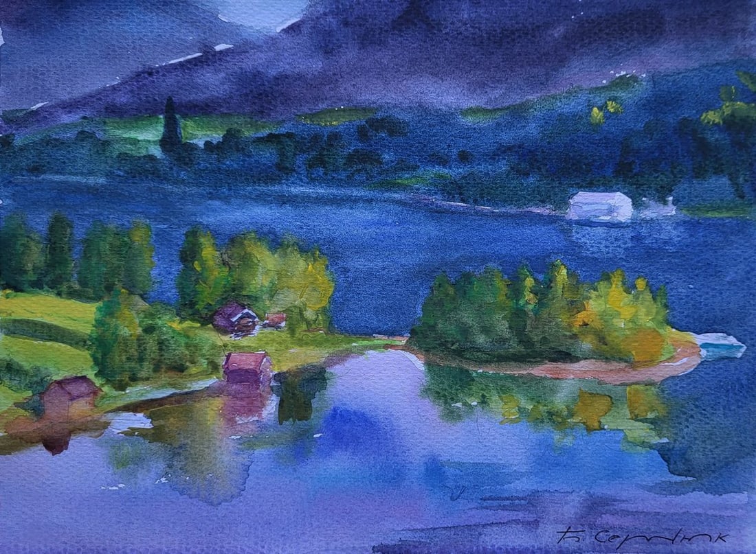 Watercolor painting Clouds over town Boris Serdyuk: Title: Watercolor painting Clouds over town Boris Serdyuk Description: SERB 1211The Watercolor painting on Paper titled "Clouds over town" captures a serene yet powerful moment in nature, where the de