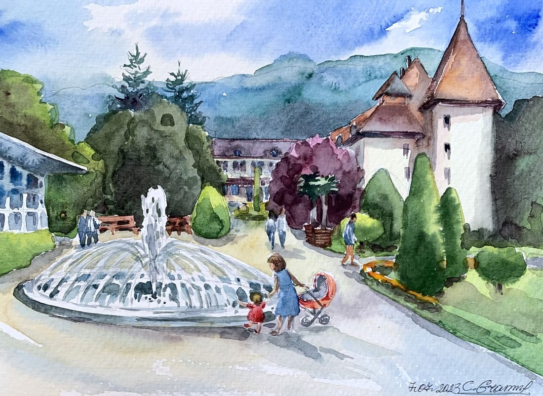 Watercolor painting Joy at the fountain Svetlana Gramm: Title: Watercolor painting Joy at the fountain Svetlana Gramm Description: AAA3345"Joy at the Fountain" is a captivating watercolor painting that vividly captures a serene and joyful moment in a