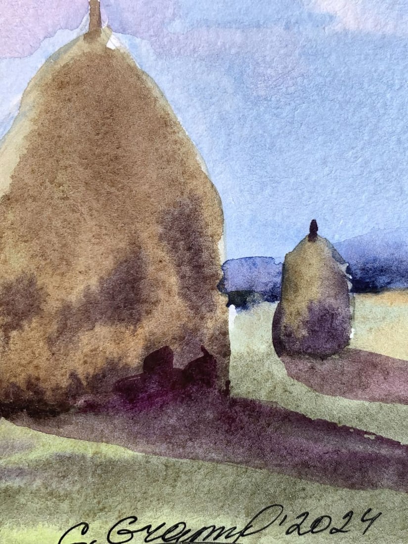 Watercolor painting Haystacks in a field Svetlana Gramm - 11