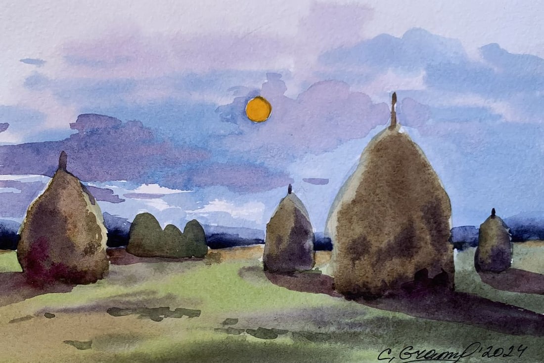 Watercolor painting Haystacks in a field Svetlana Gramm: Title: Watercolor painting Haystacks in a field Svetlana Gramm Description: AAA3347"Haystacks in a Field" is a captivating watercolor painting that showcases a tranquil rural landscape at dusk. The ar