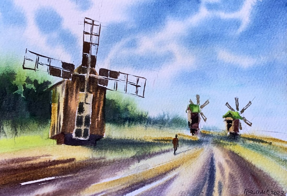 Pastel painting Road among the mills Svetlana Gramm: Title: Pastel painting Road among the mills Svetlana Gramm Description: AAA3348"Road among the Mills" is a picturesque watercolor painting capturing the serene and rustic charm of a countryside scene 