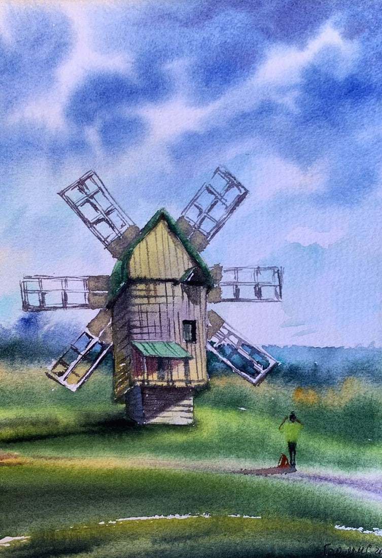 Pastel painting At the mill Svetlana Gramm: Title: Pastel painting At the mill Svetlana Gramm Description: AAA3351"At the Mill" is a serene watercolor painting that captures a moment of tranquility and reflection in a pastoral setting. The cent