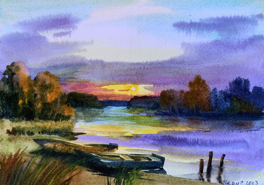Watercolor painting Boats and sunset Svetlana Gramm: Title: Watercolor painting Boats and sunset Svetlana Gramm Description: AAA3353"Boats and Sunset" is a captivating watercolor painting that beautifully captures the serene ambiance of a lakeside scene
