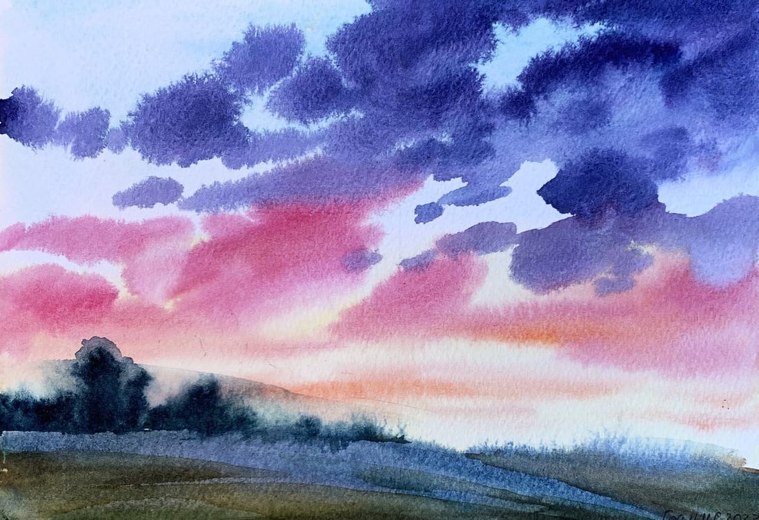 Watercolor painting Pink sunset Svetlana Gramm: Title: Watercolor painting Pink sunset Svetlana Gramm Description: AAA3354"Pink Sunset" is a mesmerizing watercolor painting that captures the beauty of a sunset with a vibrant palette of colors. This